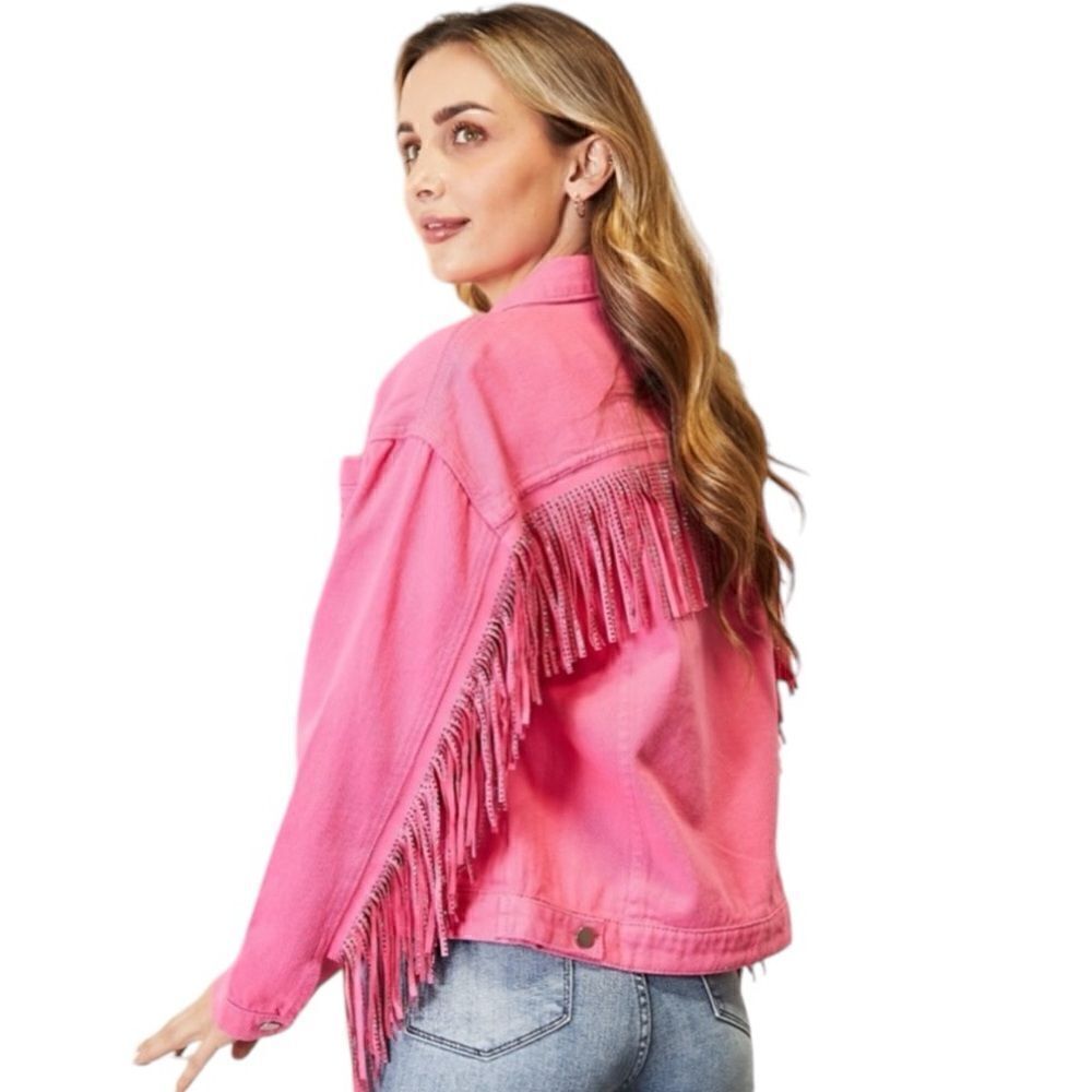 Fringe Pink rhinestone Detail Dropped Shoulder Denim Jacket